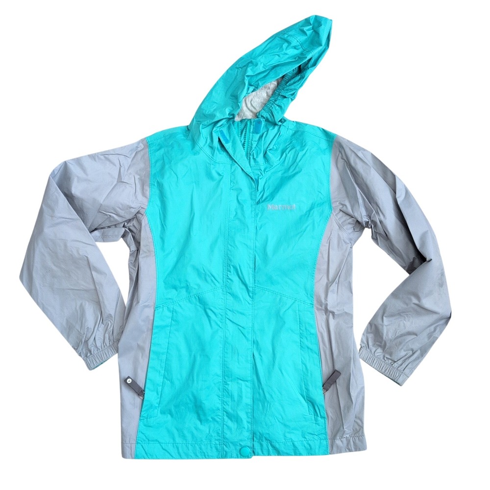 Marmot Kids PreCip Eco Rain Jacket Teal Grey Hooded Shell Coat Sz Medium Camping